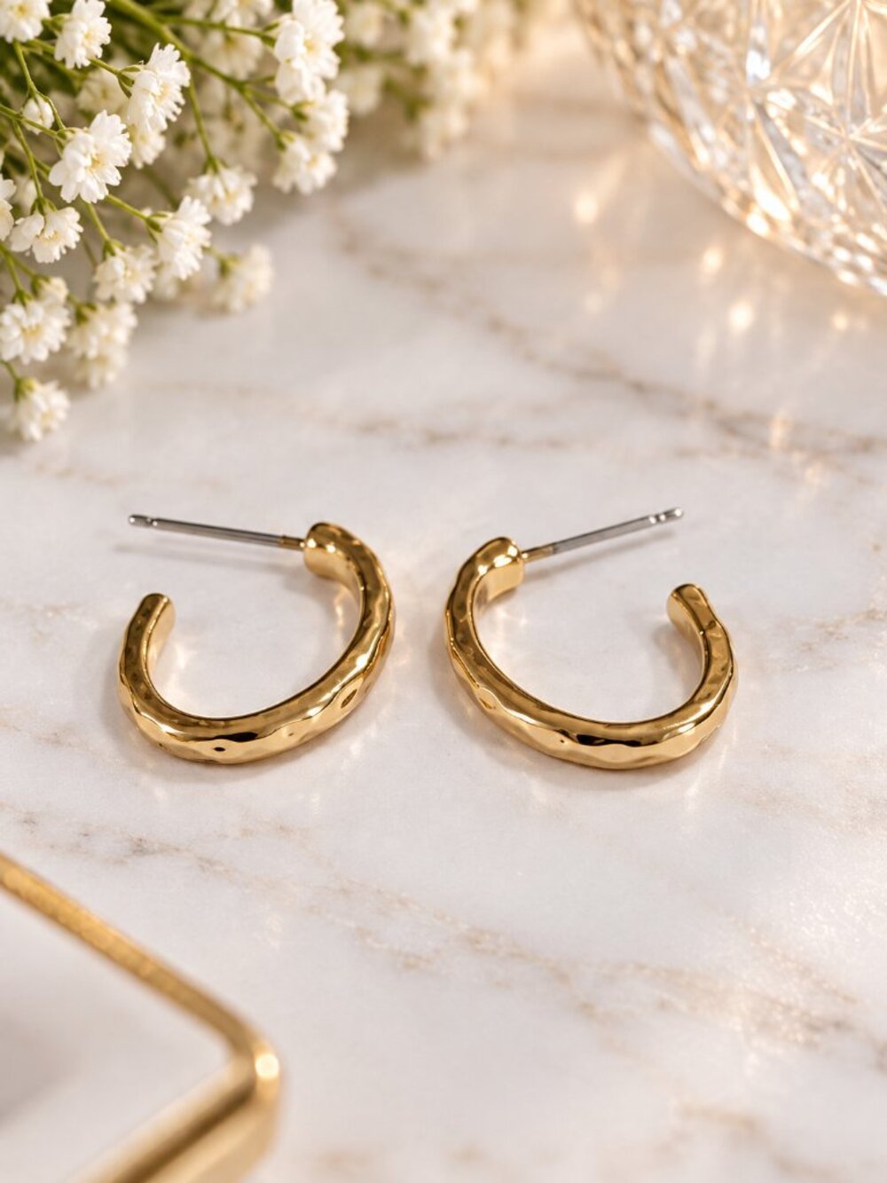 Gold Tone Hammered Open Hoop Earrings Minimalist Chunky C Hoops - Women Jewelry